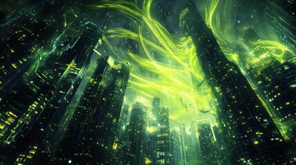 Futuristic city skyline at night with vibrant green energy streams.