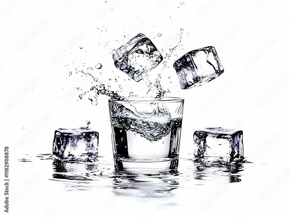 Poster ice cubes splash into a glass of water creating a refreshing, dynamic scene on a clean, white backdr