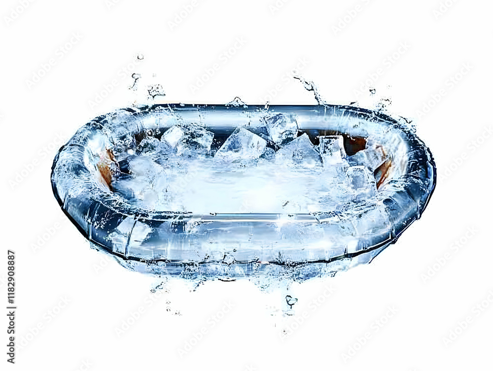 Poster ice cubes splashing into water in a metal container on a white background