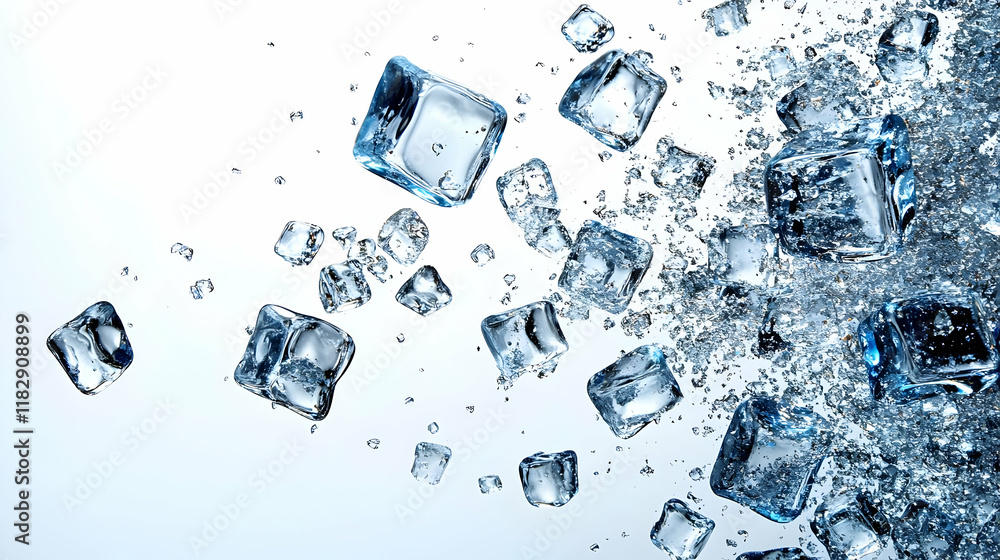 Poster ice cubes splash and shatter dynamically against a clean white backdrop