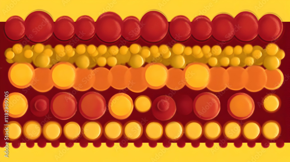 Poster abstract 3d illustration of red and yellow spheres arranged in rows on a yellow background