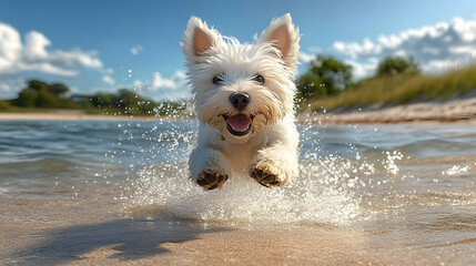 White Dog Jumps Playfully in the Water at the Beach on a Sunny Day