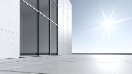 minimalist exterior featuring sharp geometric walls and large glass windows, illuminated by bright sunlight. clean lines and open space create modern aesthetic