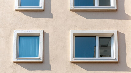 Minimalist facade with smooth beige walls and modern windows. sunlight casts shadows, enhancing architectural design. serene and contemporary aesthetic