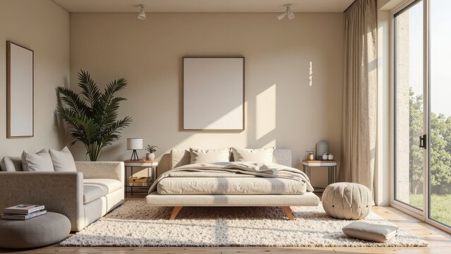 Modern retreat: plush rug, crisp bed, and expansive windows framing lush greenery, creating a serene haven for relaxation