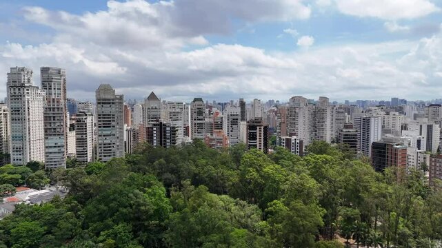 Aerial video above Parque Ibirapuera Sao Paulo on a sunny day