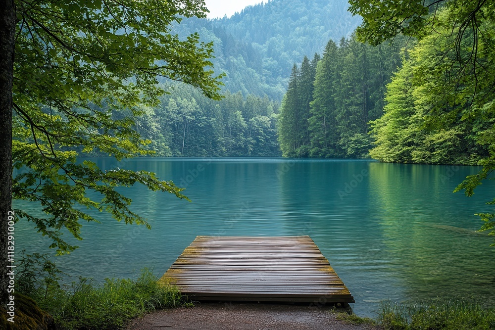 Poster serene lake embraced by lush forest with a wooden dock extending into calm waters. generative ai