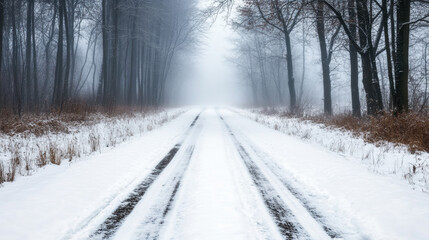 Fototapeta premium Abandoned road in heavy mist with faint traces of tire marks, surrounded by snow covered trees, creates serene and mysterious atmosphere