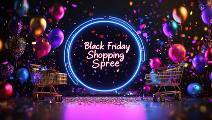 Black Friday shopping spree with festive balloons and confetti, creating vibrant atmosphere for holiday sales and excitement