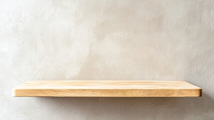 wooden shelf against muted beige wall with subtle plaster texture creates minimalist aesthetic. This simple yet elegant design enhances any interior space