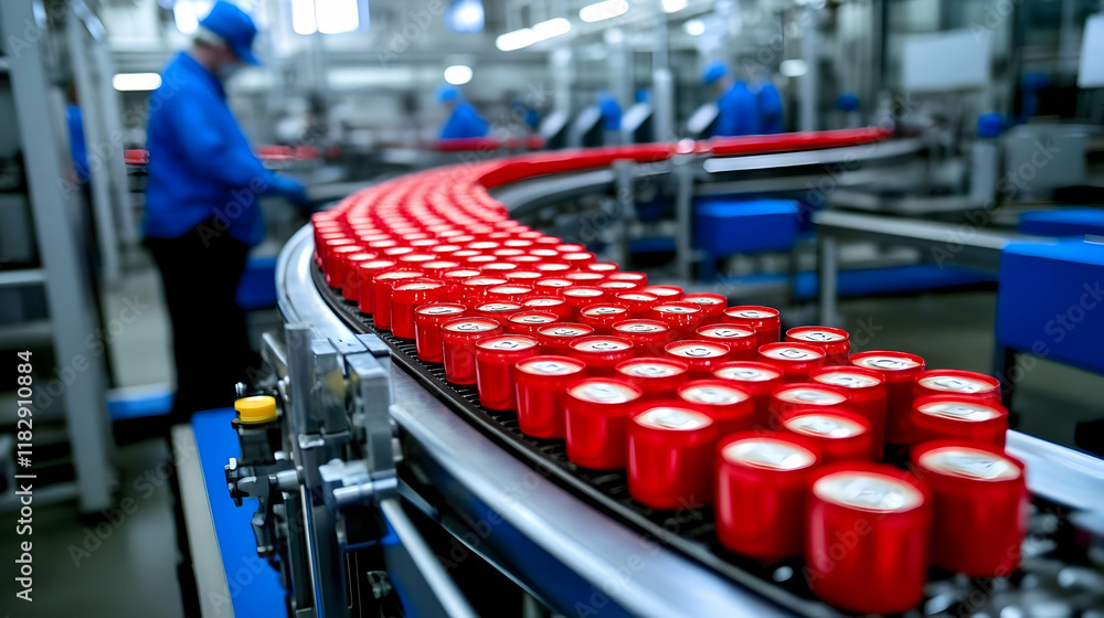Aufkleber red cylindrical containers move along conveyor belt in factory setting with workers
