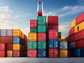 Stacks of Colorful Cargo Containers at a Busy Shipping Port with Crane Under Blue Sky
