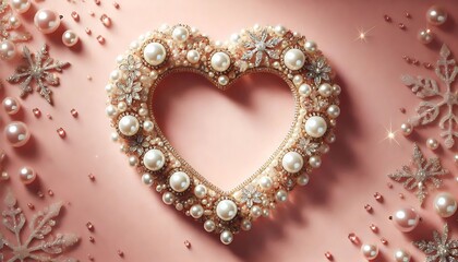 Obraz premium heart shaped frame made of shimmering pearls and diamonds glowing softly on a blush pink background with sparkling details and copy space. Generative AI