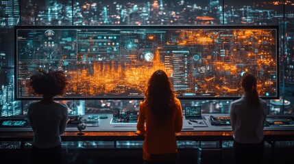 Fototapeta premium Three women monitoring a futuristic city on a large screen.