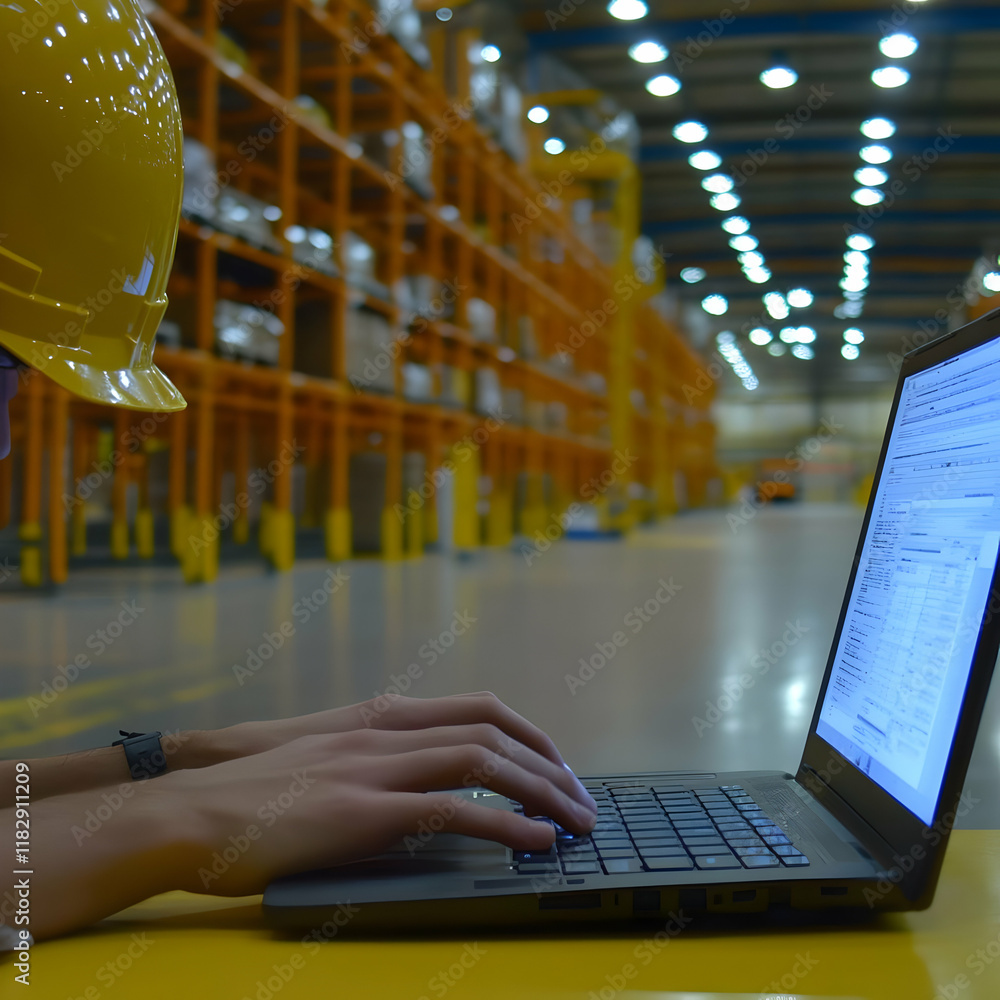 Poster warehouse worker types on laptop in busy distribution center with inventory tracking software.