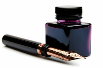 Elegant Fountain Pen with Ornate Nib Rests Beside a Bottle of Purple Ink on White Background