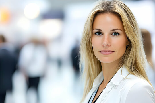 Confident Businesswoman Stands Calmly in a Crowded Convention Center with a Badge