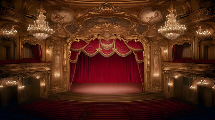 Grand Ornate Theater Interior Showcases Red Curtains, Stage, and Seating with Elegant Chandeliers