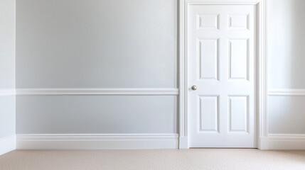 Fototapeta premium pale gray blue wall with subtle plaster texture and white door creates serene atmosphere in this empty room. clean lines and soft colors evoke sense of calm and simplicity