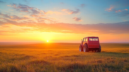 Fototapeta premium Sunset Landscape: Tractor in Golden Field