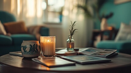 Fototapeta premium Cozy Living Room Candlelight Ambiance: A Serene Evening at Home