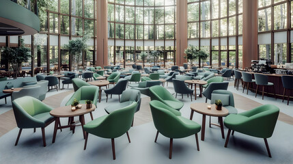 Modern cafe interior design showcases green chairs, wooden tables, and a bar area amidst a backdrop of lush greenery visible through large windows.
