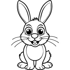 Cheerful cartoon bunny with big eyes, black and white outline for kids.