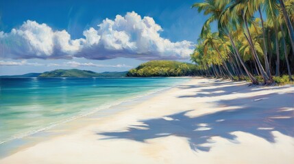 Idyllic tropical beach scene with palm trees, white sand, and turquoise water under a bright sunny sky.