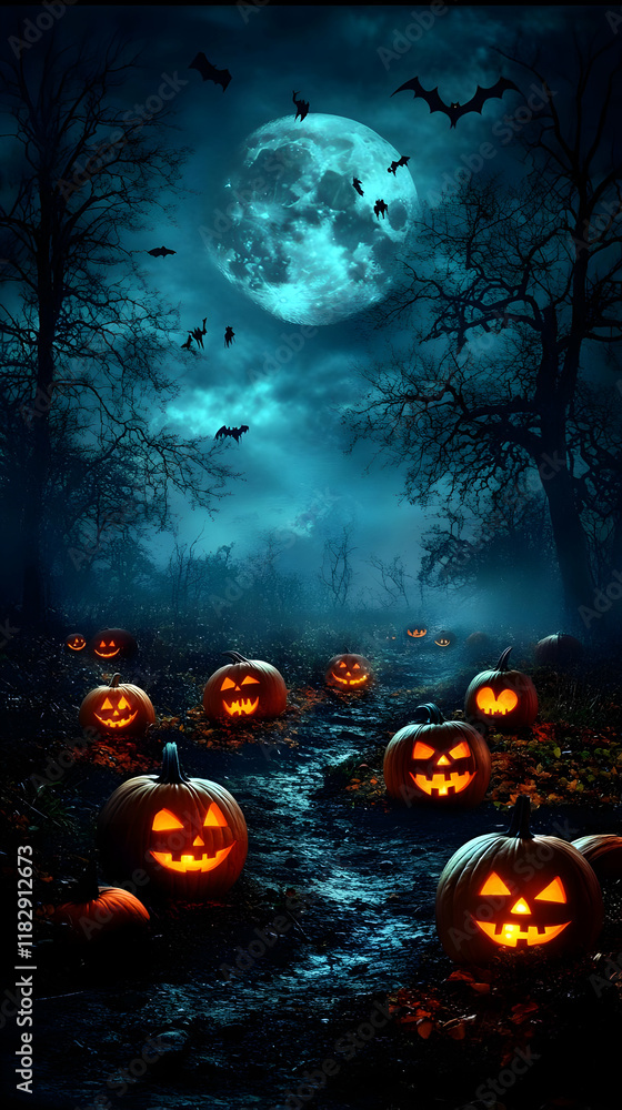 Poster glowing jack-o'-lanterns line a path in a spooky forest under a full moon with bats