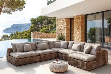 complete collection of modern outdoor furniture including wicker lounge sets rattan chairs and contemporary garden sofas in natural earth tones