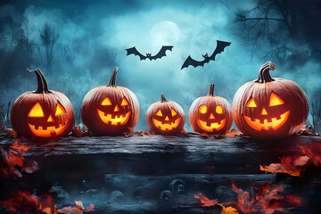 Fototapeta premium Five Illuminated Jack-o'-lanterns Sit on a Log with Bats Flying Under a Full Moon on Halloween Night