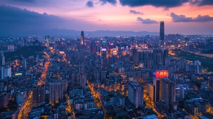 Obraz premium A bustling cityscape illuminated by vibrant billboards and streetlights at night 