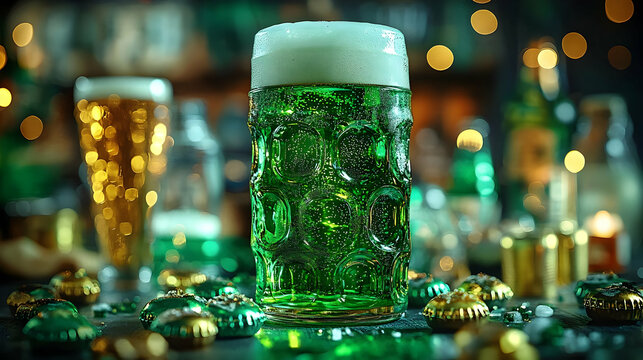 Green Beer Fills a Glass Mug with Frothy Head on Bar Table, Festive Atmosphere.