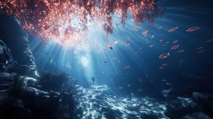 Underwater diver exploring coral reef.