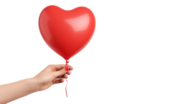 Woman holding a heart-shaped red balloon, perfect for Valentine's Day or romantic concepts. Ideal for websites, greeting cards, and social media transparency background