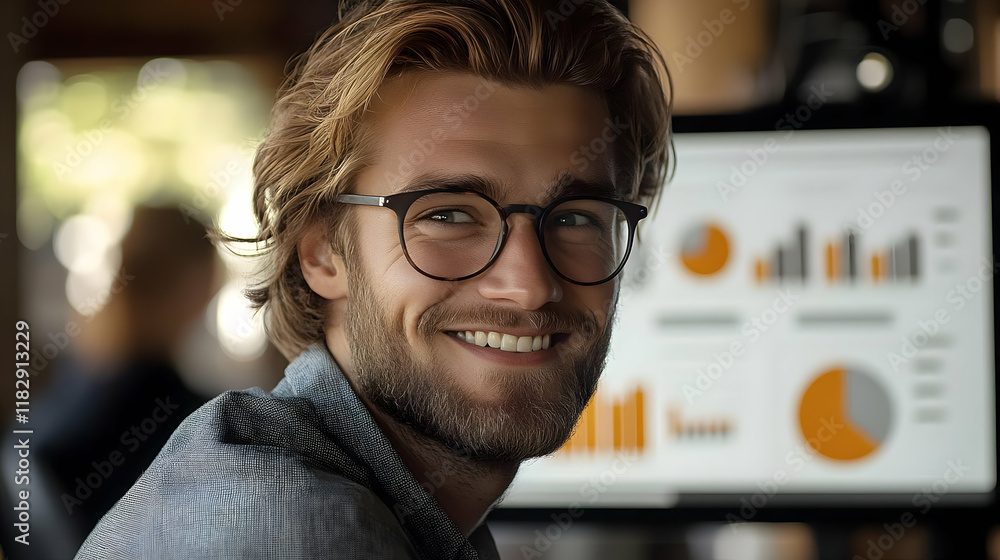 Poster smiling man with glasses looks at charts on computer screen in office setting