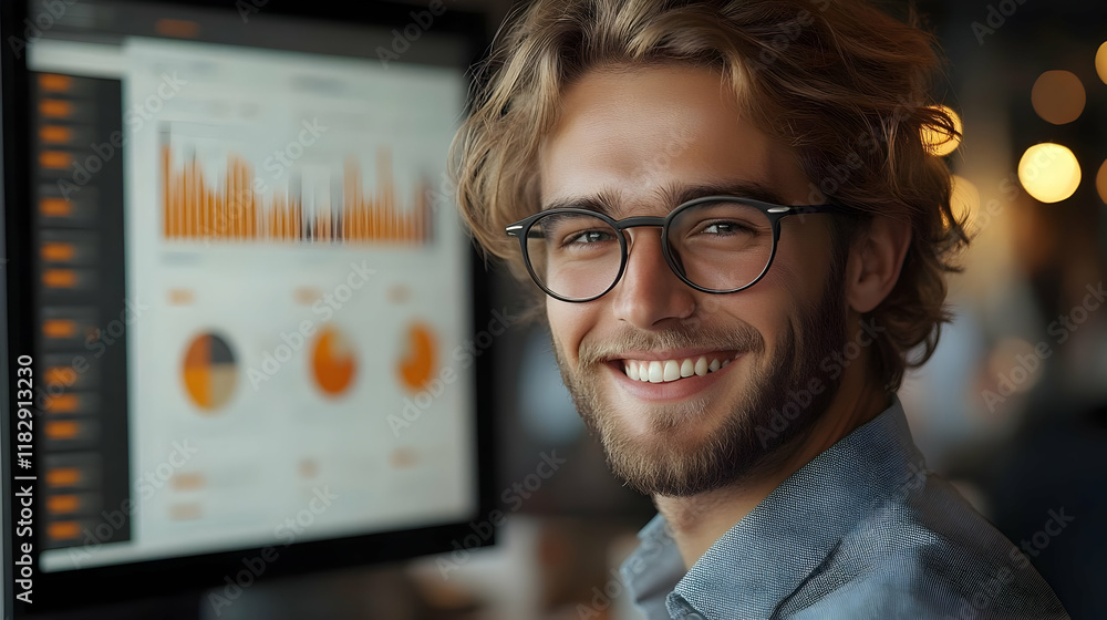 Poster smiling man reviews positive data analysis on computer screen successfully at office desk