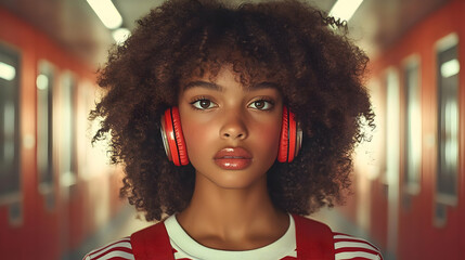 Young Girl with Afro Listens to Music in a Hallway with Red Headphones