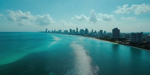 A drone shot of Miami skyline, with South Beach and turquoise waters in the foreground