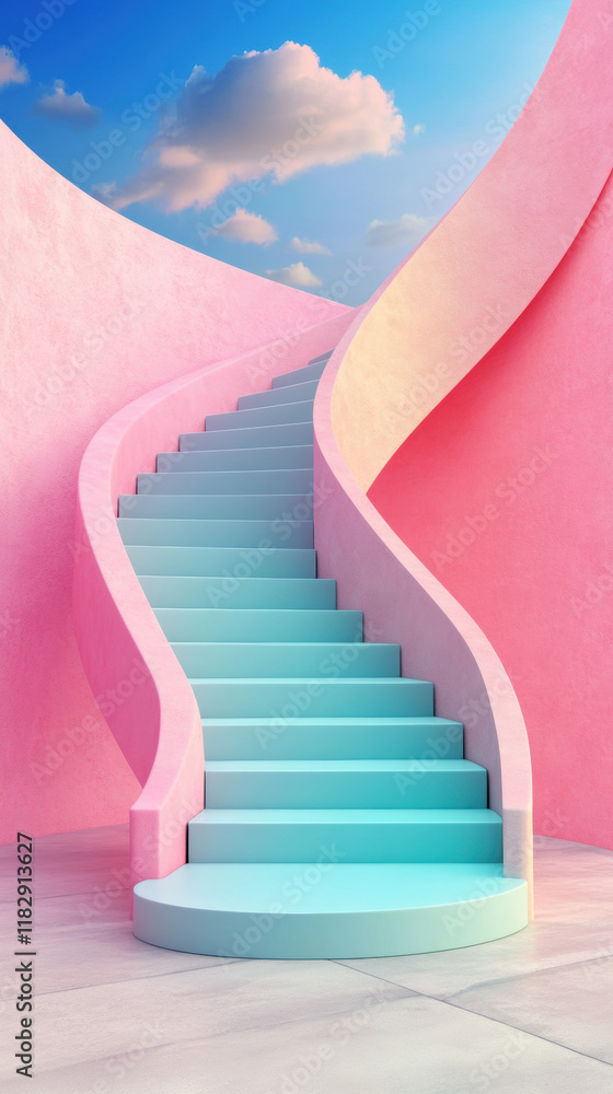 Poster parametric design, a high-fidelity image of a translucent parametric spiral staircase, showcasing mo