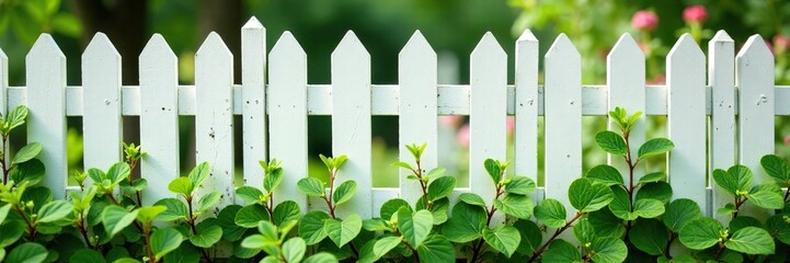 Clipped back rosemary near white picket fence, fence, herb, vine