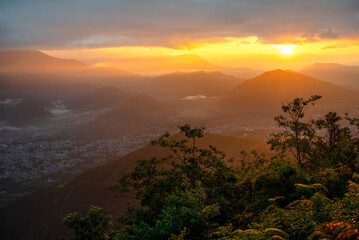 Color stock image of Nepal, Pokhara. Sarangkot sunrise
