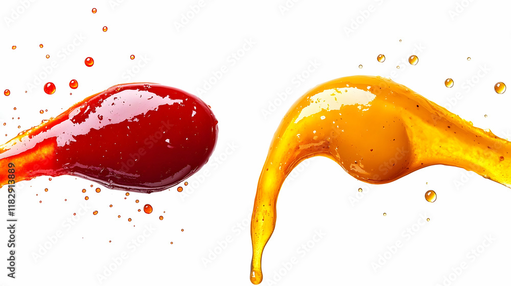 Aufkleber red and yellow viscous liquid splashing dynamically with droplets on white background