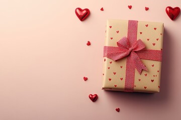 Obraz premium A shimmering gold gift adorned with a pink ribbon, surrounded by vibrant red hearts, radiates love and excitement for Valentine's Day celebrations.