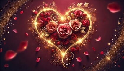 glowing heart formed by cascading rose petals with glitter accents, set on a dark maroon background with elegant copy space. Generative AI