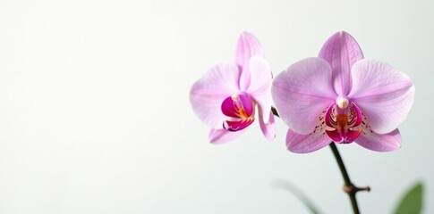 Delicate Phalaenopsis orchid blooms on a clean white background, greenery, nature