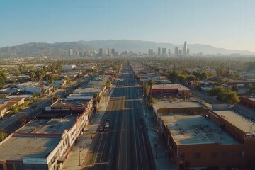 Fototapeta premium A drone view of Los Angeles downtown with the mountains in the distance