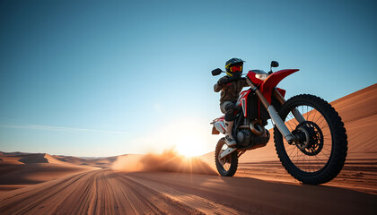 Motorcycle, offroad driving and air jump in desert, blue sky and freedom. Driver, cycling and power stunt on dirt track, competition and motorbike performance on adventure course for fast action sho