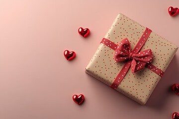 A beautifully wrapped gift adorned with a vibrant red bow, surrounded by playful hearts that radiate love and joy, perfect for Valentine's Day.
