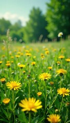 Obraz premium Dotted with bright yellow dandelions and patches of wildflowers, , nature scenes